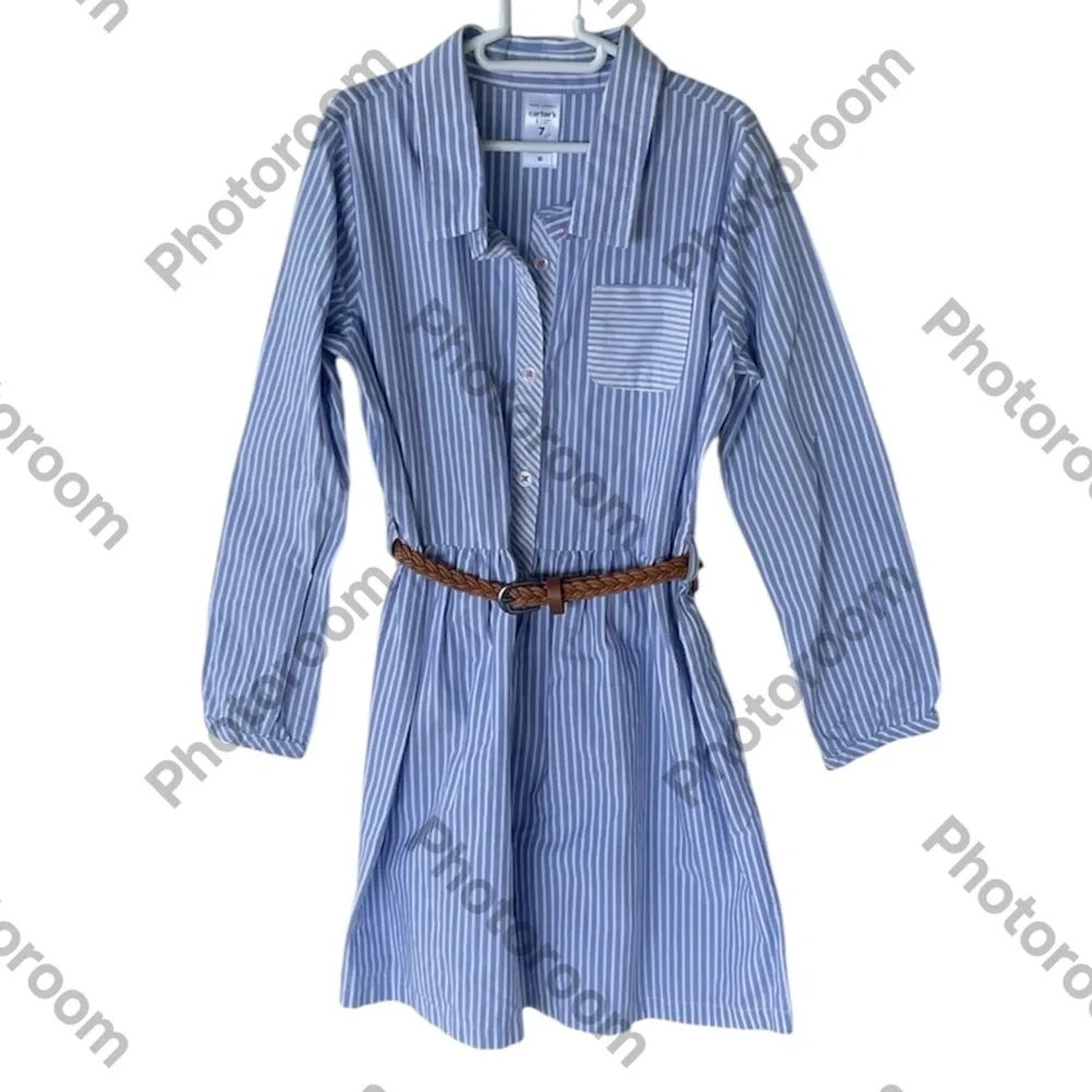 CARTERS GIRLS BLUE WHITE STRIPED LONG SLEEVE DRESS WITH BROWN BELT SIZE 7